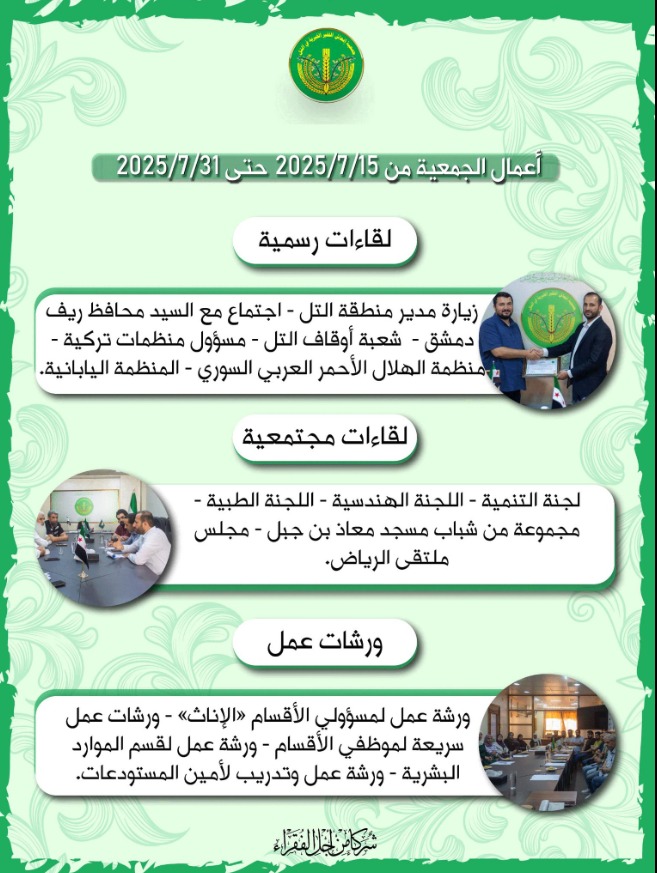 أعمال جمعية إنعاش الفقير الخيرية "من 15 حتى 31 تموز